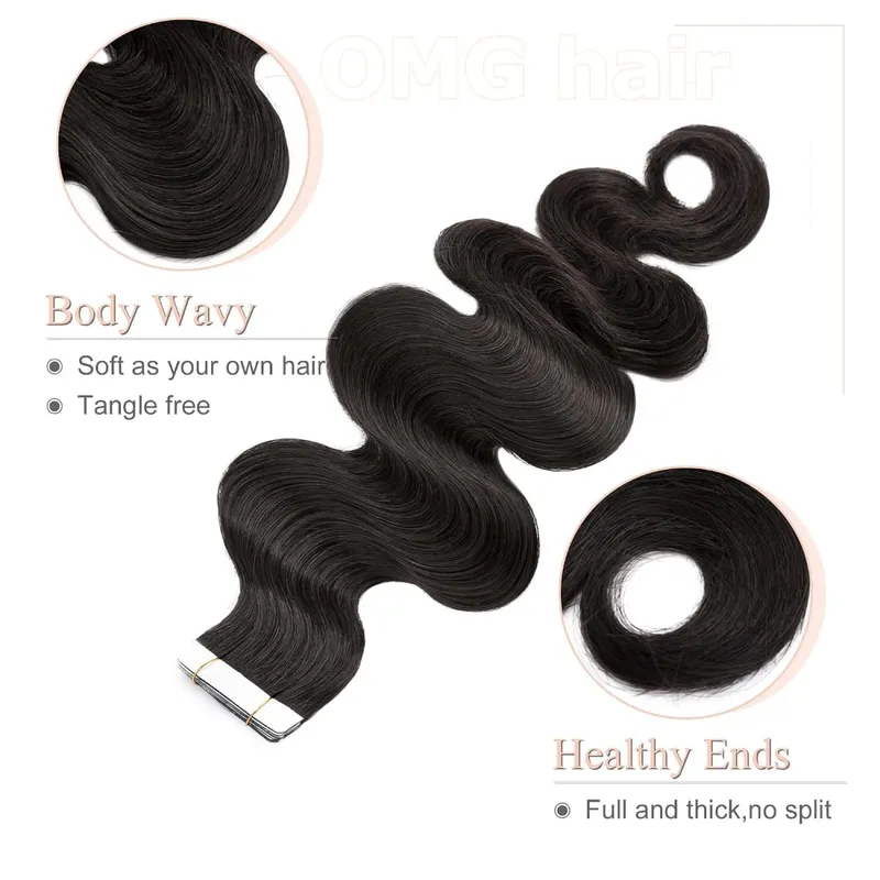 OMG Wavy Tape In Hair Extensions Human Hair 20Pcs 50G/Pack Natural Black Remy Seamless Skin Weft Invisible Double Sided Body Wave Human Hair Tape In Extensions For Women #1B Natural Black — image 4