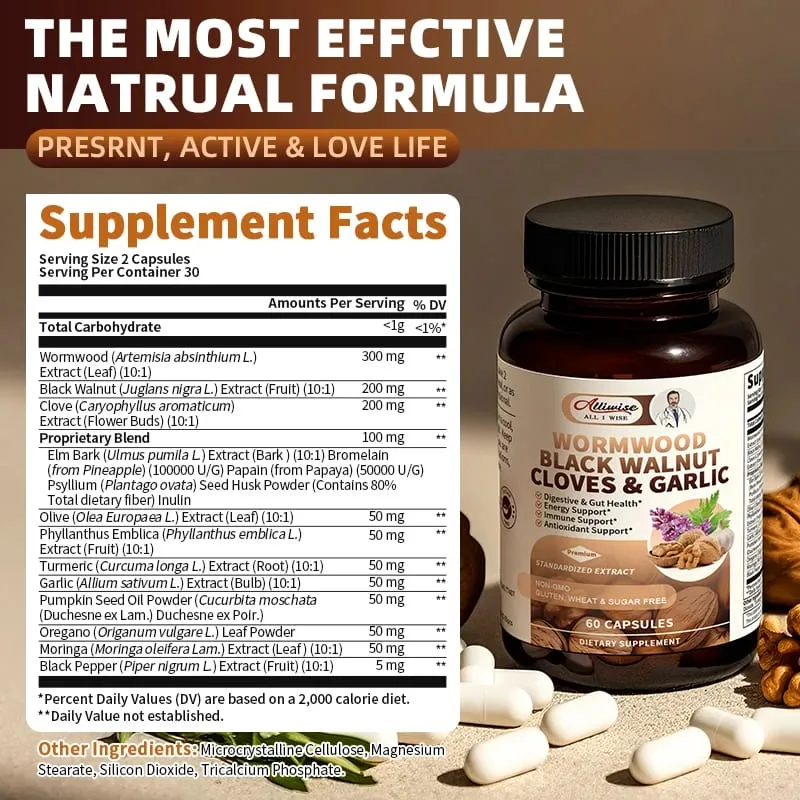 Alliwise 16-in-1 Black Walnut Wormwood Capsules Rapid Gut Cleanse & Digestive Health with Clove Garlic Turmeric Liposomal Delivery 98% Absorption Vegan Gluten-Free — image 1