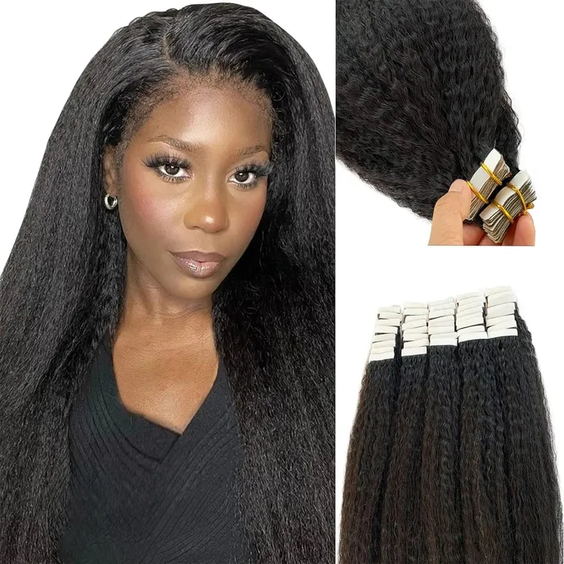 Kinky Straight Tape Ins Hair Extensions Invisible Adhesive Glue Natural Black Yaki Tapes in 100% Human Hair Full Head 50g/20Pcs