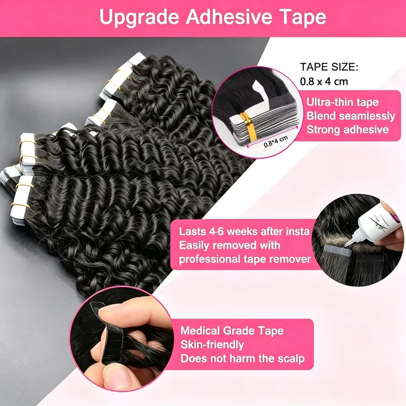 Deep Wave Tape In Hair Extensions Human Hair Skin Weft Seamless Invisible Clip-In And Tape-In Hair Extensions 20Pcs 50G/Pack — image 4