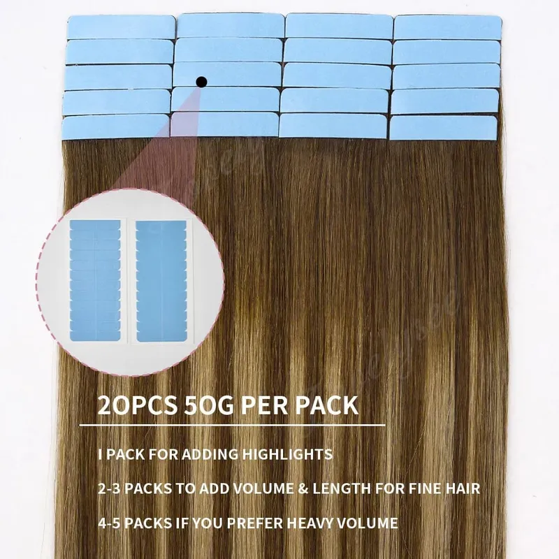 קלטת Balayage בתוספות שיער שיער אדם 100% שיער רמי ישר חלק בלתי נראה 20 יח'/40 יח' קלטת קלטת שיער אדם צ'יק אנד