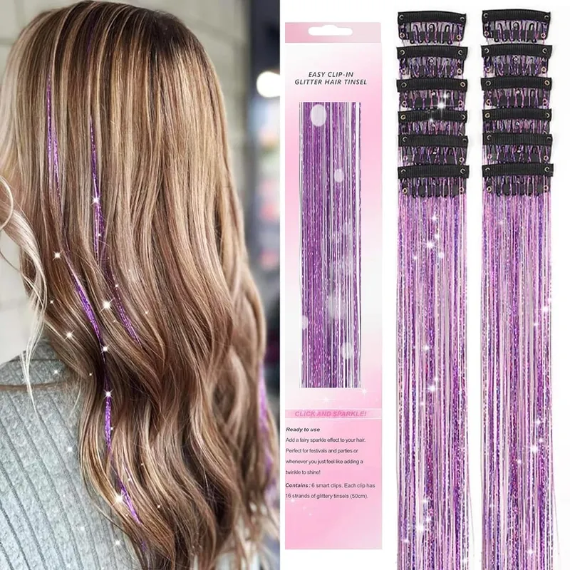 12Pcs Hair Tinsel Clip In Fashion Glitter Tinsel Synthetic Straight Hair Extensions Tinsel Kit Shiny Hair Accessories For Women — image 9