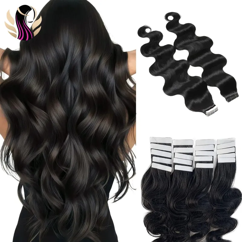 OMG Wavy Tape In Hair Extensions Human Hair 20Pcs 50G/Pack Natural Black Remy Seamless Skin Weft Invisible Double Sided Body Wave Human Hair Tape In Extensions For Women #1B Natural Black