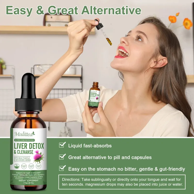 Mulittea Liver Health Drops com cardo leiteiro e alcachofra -60ml de mistura de ervas com silimarina, dente-de-leão, cúrcuma e berberina para limpeza do fígado, reparo de desintoxicação e suporte diário — image 7