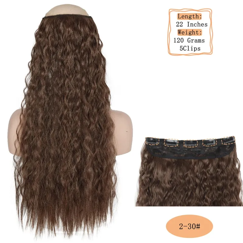 Synthetische 5 Clips lange Wasserwellen-Clip-in-Haarverlängerungen hitzebeständig 22 Zoll einteiliges schwarzbraunes Haarteil für Frauen