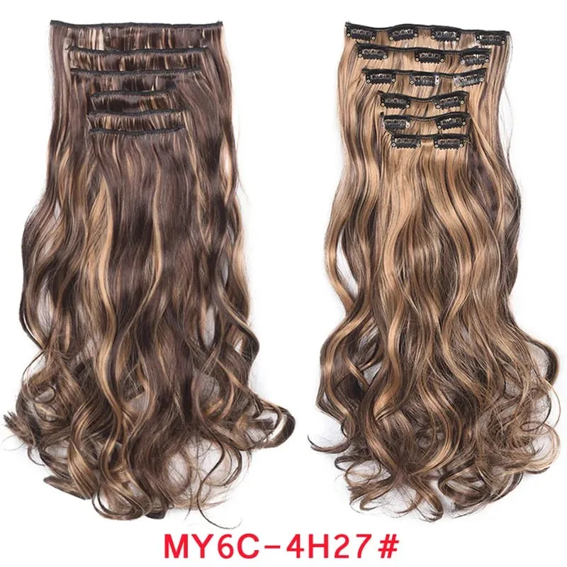 Long Wavy Hair Extensions Synthetic Clip In Hair Extensions Ombre Honey Blonde Dark Brown Thick Hairpieces 6pcs/set 20 Inch — image 14