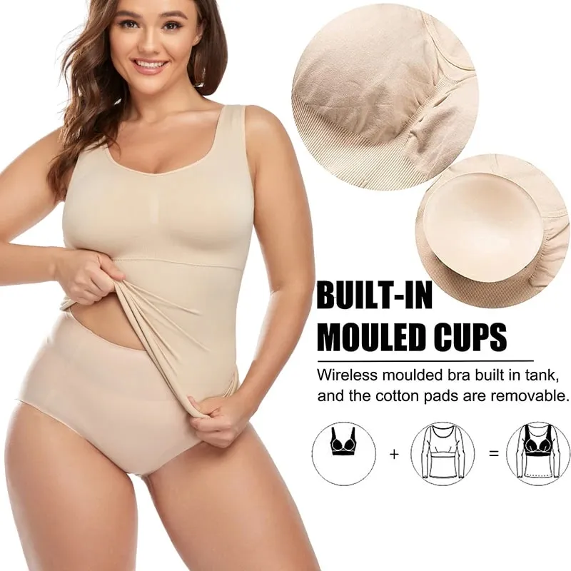 Top Tank untuk Wanita dengan Bra Rak Terbina dalam Bra Kasual Tali Lebar Asas Kamisol Tanpa Lengan Pembentuk Atas dengan Bra Boleh Tanggal — image 4