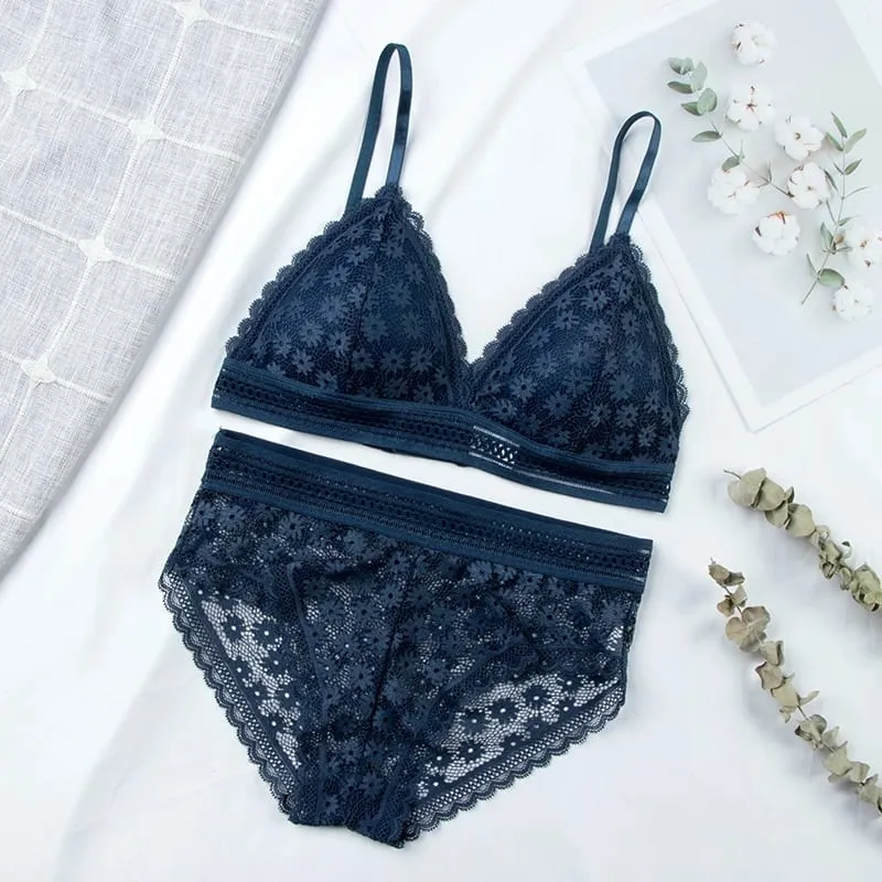 Women Floral Lace Bras Suit Solid Underwear Padded Breathable Vest With Briefs Sexy Hollow Out Bralette Thin Lingerie One Size — image 9