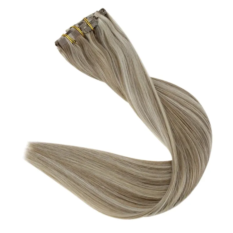 Full Shine Seamless Invisible Clip In Extensions Human Hair 8 τμχ 120g Remy Balayage Ξανθό Χρώμα — image 14