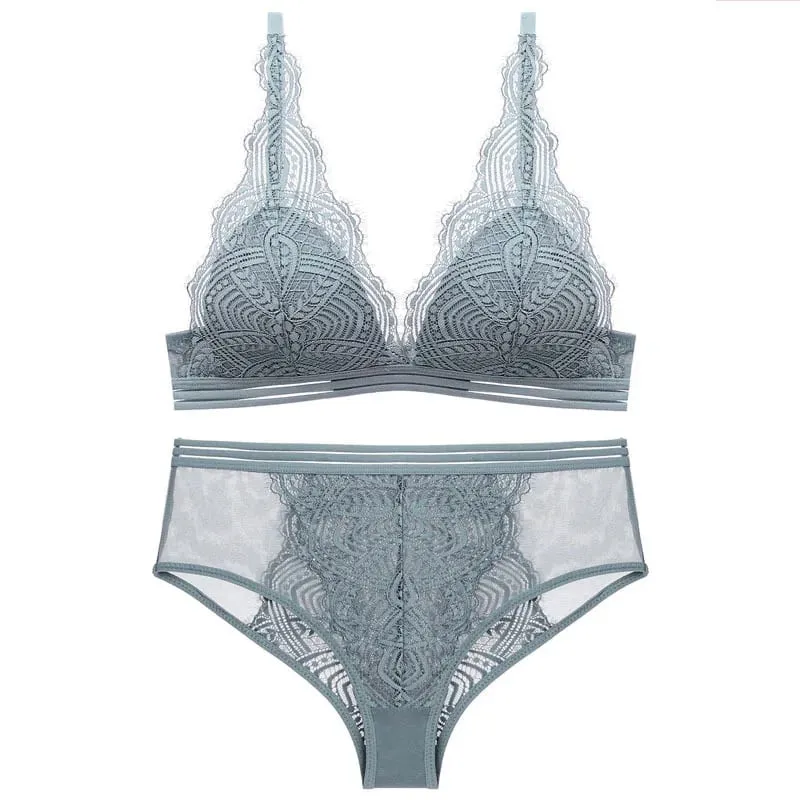 Conjunto de sujetador y bragas de copa triangular de encaje inalámbrico con forro fino, ropa interior Sexy para mujer, lencería francesa, sujetador para niñas, Bralette