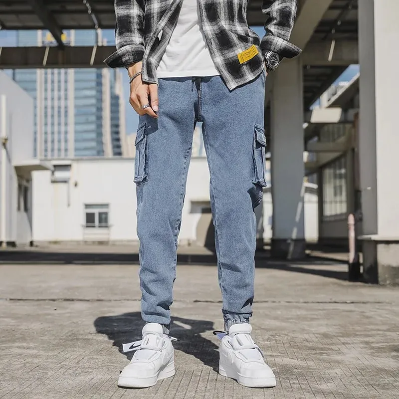 กางเกงยีนส์ Jogger ผู้ชายล้างผ้าฝ้ายยืดเล็กน้อยหลายกระเป๋ากางเกงยีนส์กางเกงคาร์โก้เอเชียขนาด L-6XL