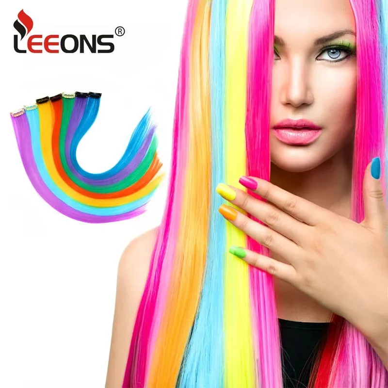 وصلات شعر صناعية من Leeons مع مشبك وصلات شعر مقاومة للحرارة شعر قوس قزح للأطفال والنساء نمط متموج 20 بوصة — image 3