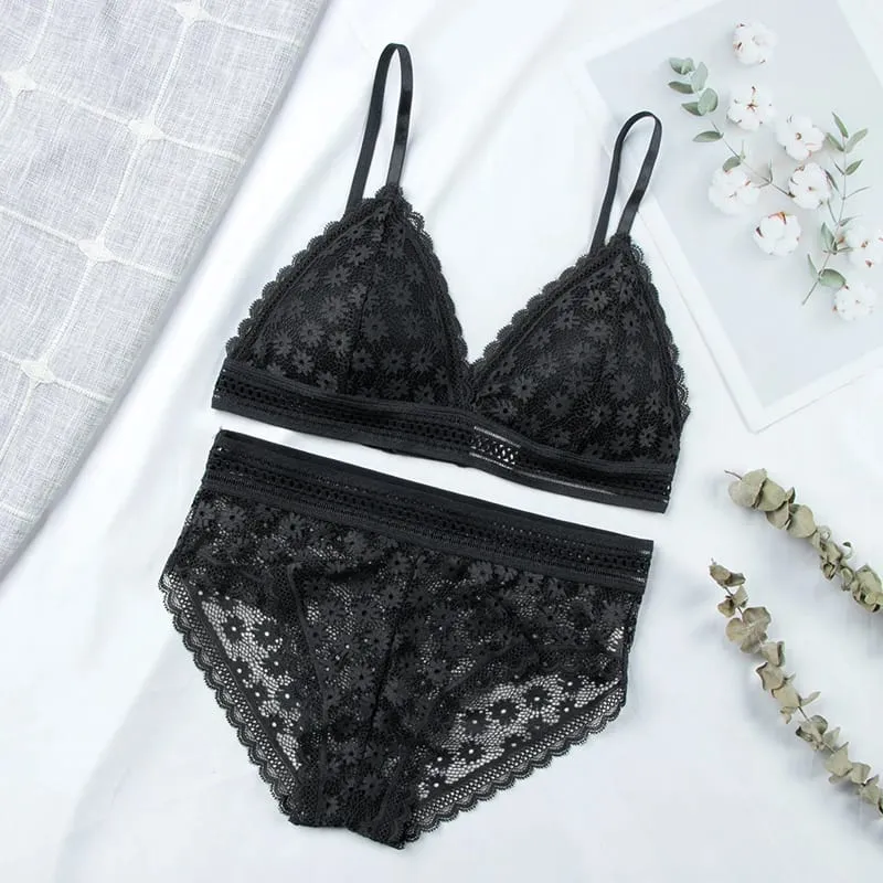 Women Floral Lace Bras Suit Solid Underwear Padded Breathable Vest With Briefs Sexy Hollow Out Bralette Thin Lingerie One Size