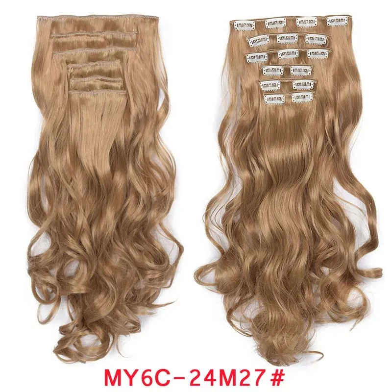 Long Wavy Hair Extensions Synthetic Clip In Hair Extensions Ombre Honey Blonde Dark Brown Thick Hairpieces 6pcs/set 20 Inch — image 21