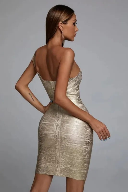 High Quality Celebrity One Shoulder Foiling Gold Print Rayon Bandage Dress Elegant Club Party Dress Vestidos — image 3