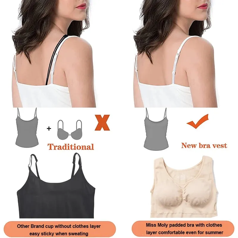 Top Tank untuk Wanita dengan Bra Rak Terbina dalam Bra Kasual Tali Lebar Asas Kamisol Tanpa Lengan Pembentuk Atas dengan Bra Boleh Tanggal — image 3