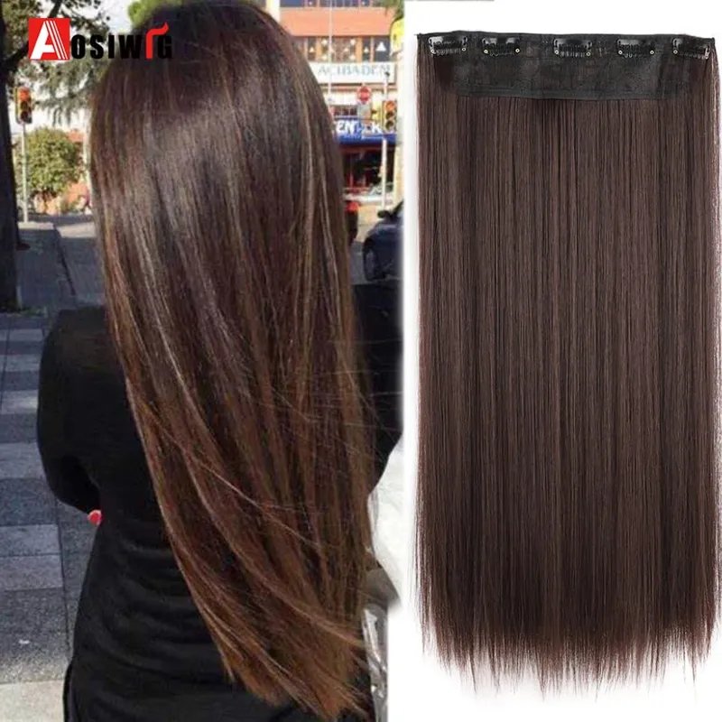 Potongan Rambut Palsu Asli Lurus Panjang Hitam Warna Coklat Suhu Tinggi Sintetik 5 Klip dalam Sambungan Rambut untuk Wanita — image 1