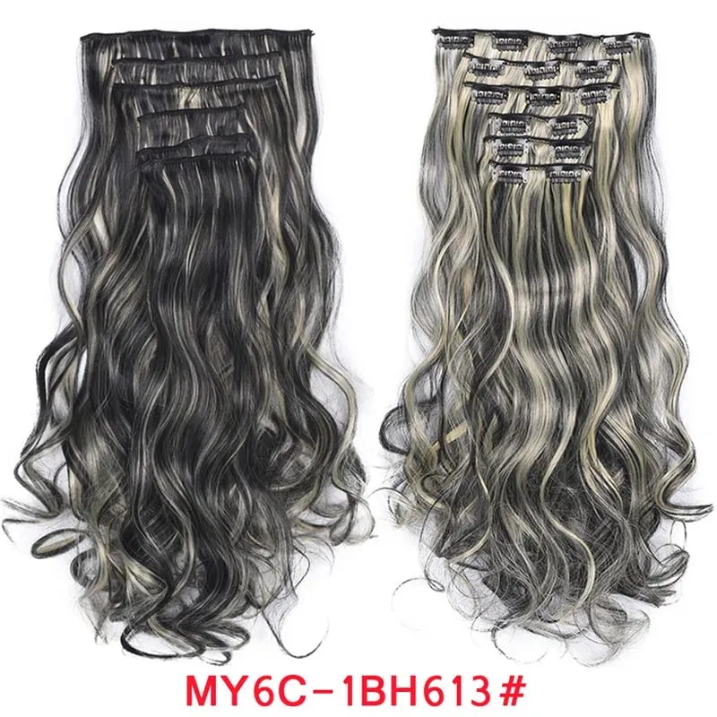 Long Wavy Hair Extensions Synthetic Clip In Hair Extensions Ombre Honey Blonde Dark Brown Thick Hairpieces 6pcs/set 20 Inch — image 9