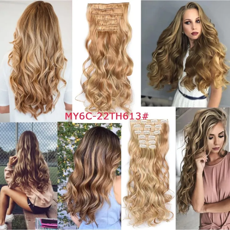 Long Wavy Hair Extensions Synthetic Clip In Hair Extensions Ombre Honey Blonde Dark Brown Thick Hairpieces 6pcs/set 20 Inch — image 6