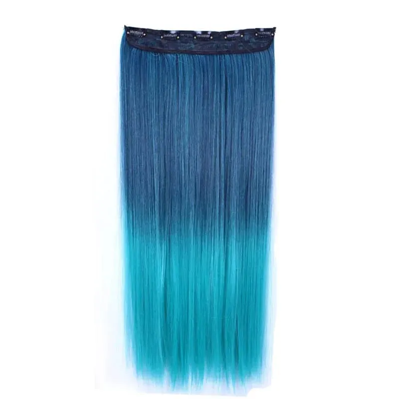 Jeedou Straight Blue Rainbow Balayage Ombre Color Clip In One Piece Hair Extension Synthetic Halloween Cosplay Hairpiece