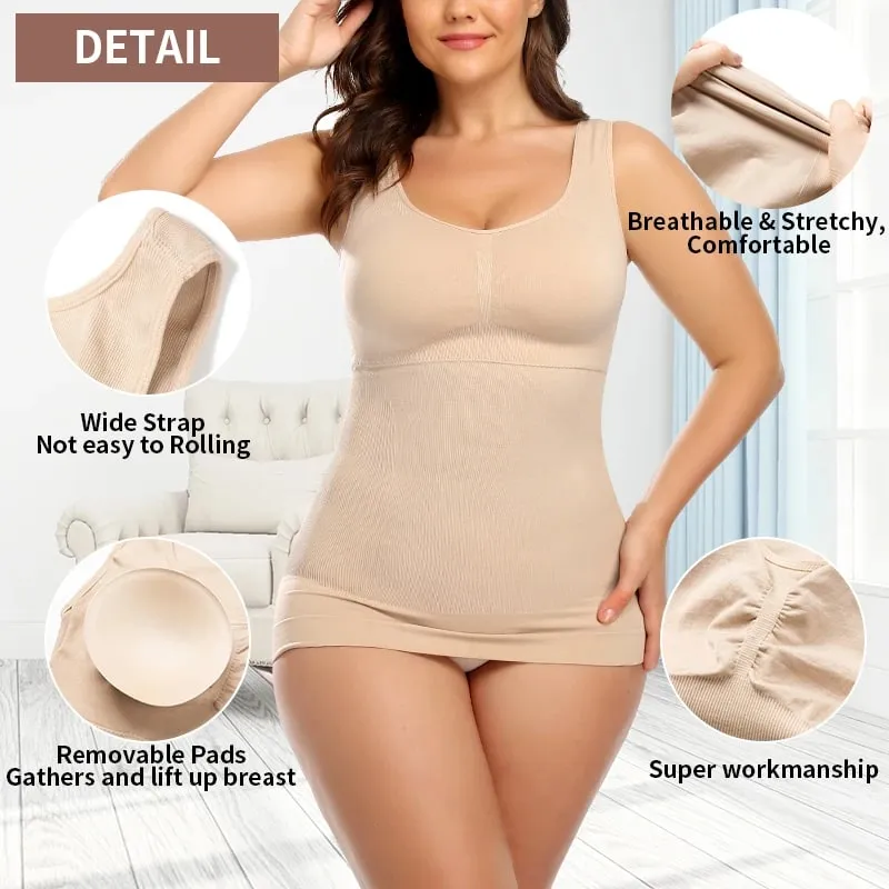 Top Tank untuk Wanita dengan Bra Rak Terbina dalam Bra Kasual Tali Lebar Asas Kamisol Tanpa Lengan Pembentuk Atas dengan Bra Boleh Tanggal — image 5