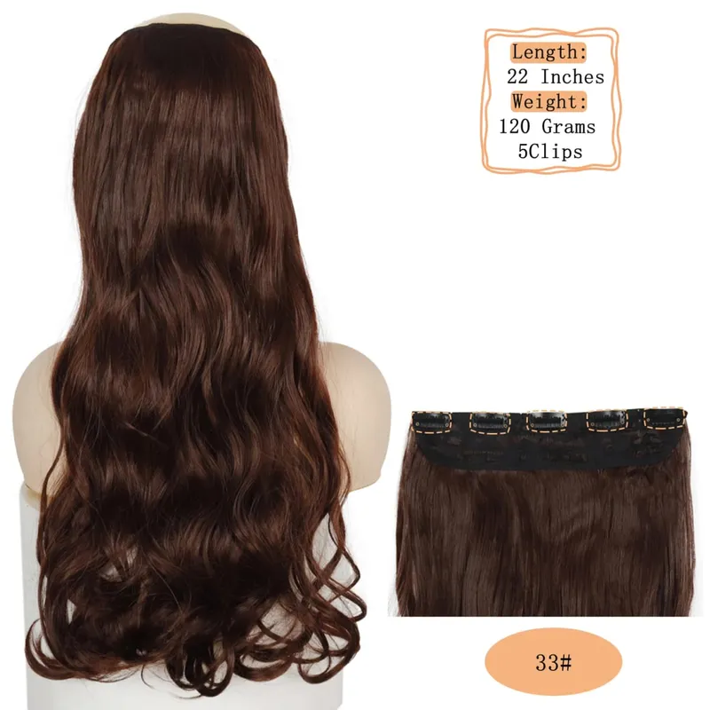 Synthetische 5 Clips lange Wasserwellen-Clip-in-Haarverlängerungen hitzebeständig 22 Zoll einteiliges schwarzbraunes Haarteil für Frauen — image 36