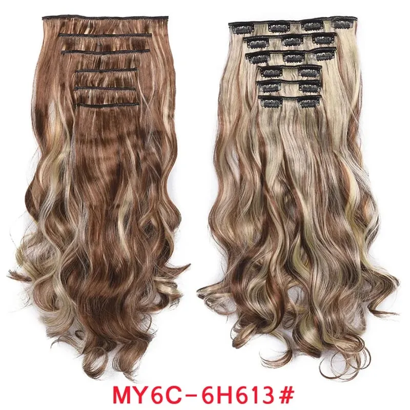 Long Wavy Hair Extensions Synthetic Clip In Hair Extensions Ombre Honey Blonde Dark Brown Thick Hairpieces 6pcs/set 20 Inch — image 17