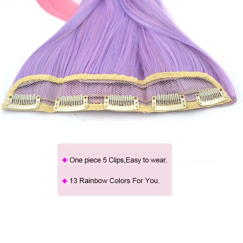 Jeedou Rainbow Hairpieces Clip In Hair Extension Ombre Color One Piece With 5Clips Straight Hair Wig For Girls Halloween Cosplay — image 7