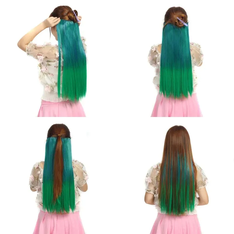 Jeedou Rainbow Hairpieces Clip In Hair Extension Ombre Color One Piece With 5Clips Straight Hair Wig For Girls Halloween Cosplay — image 6