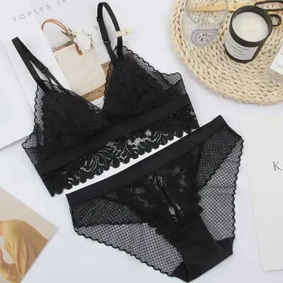 Conjunto de roupa íntima feminina sem fio, copo de algodão sem fio, copo macio, bralette triangular e calcinha transparente, lingerie