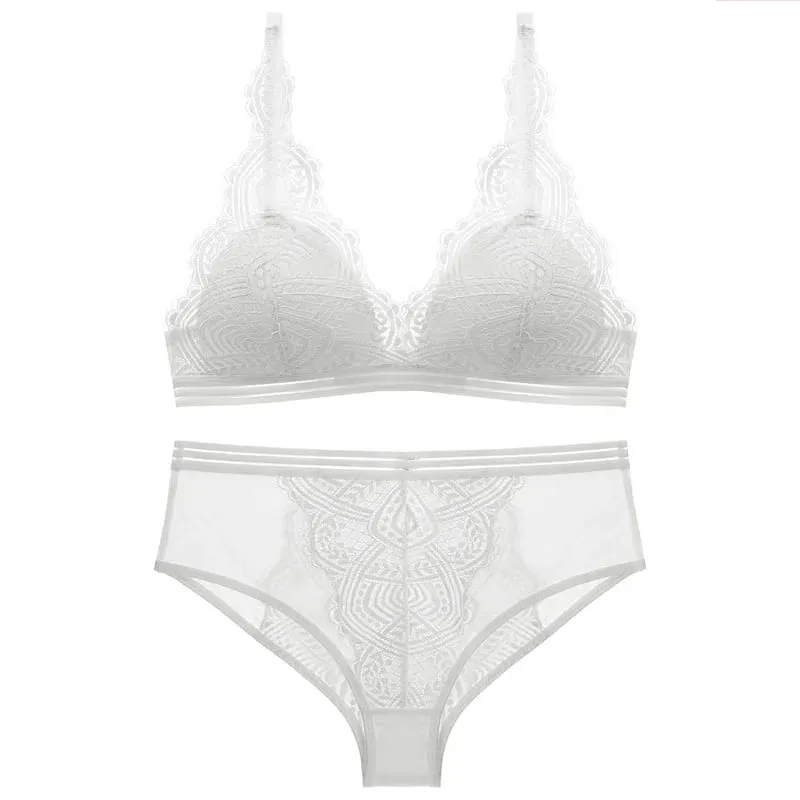 Conjunto de sujetador y bragas de copa triangular de encaje inalámbrico con forro fino, ropa interior Sexy para mujer, lencería francesa, sujetador para niñas, Bralette