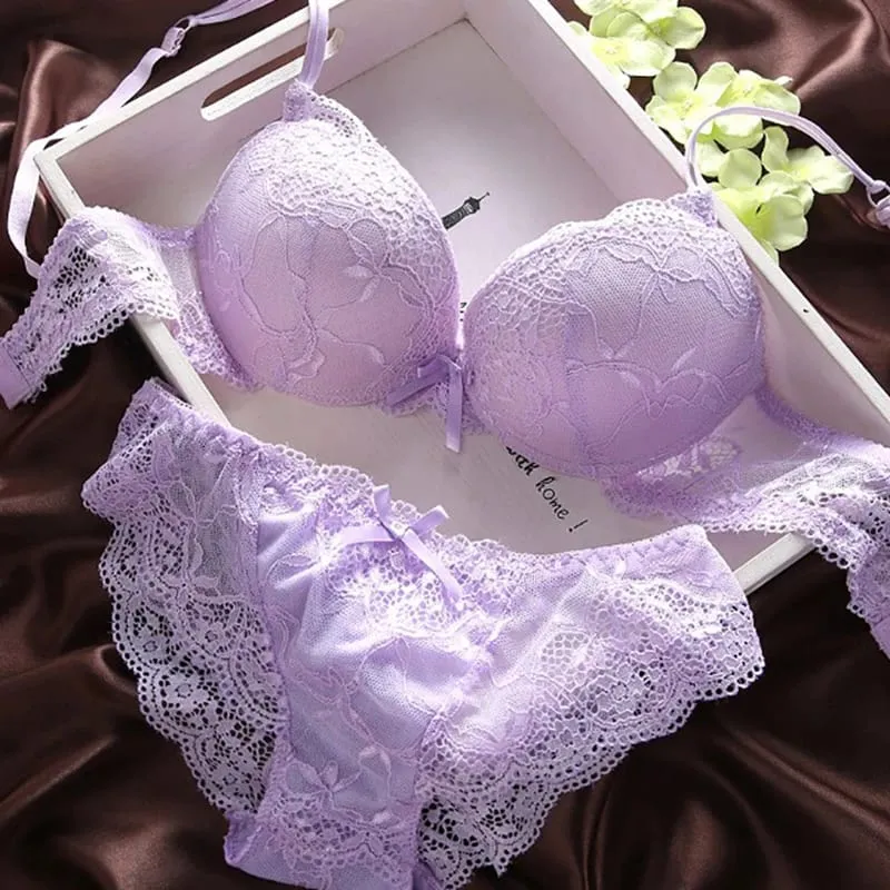 European Style Sexy Bra Set Women Cotton Underwear Sexy Lace Panties Female Push Up Brassiere Fashion Solid Color Lingerie Set — image 2