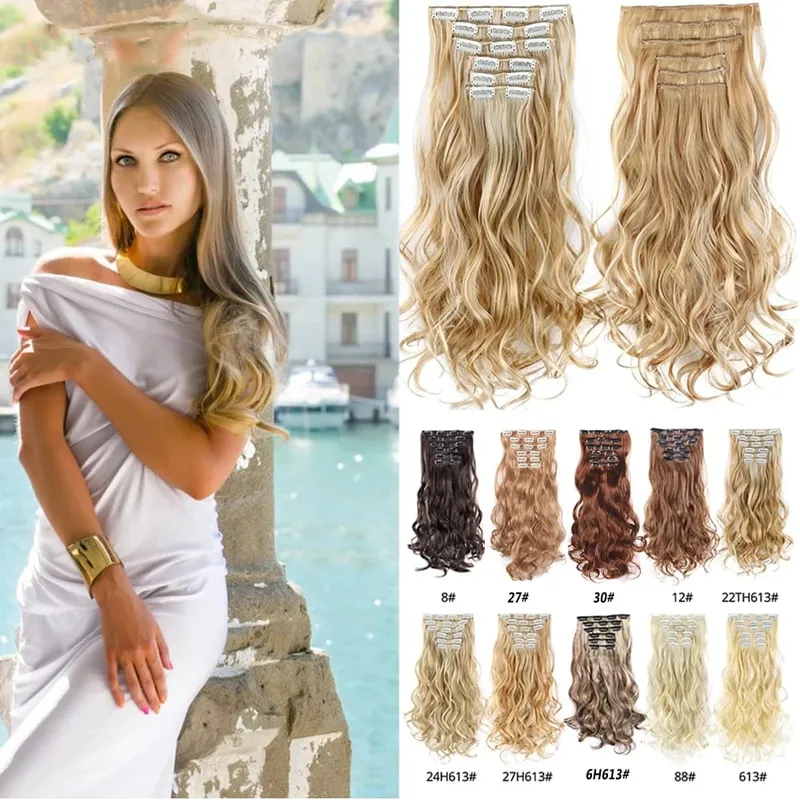 Long Wavy Hair Extensions Synthetic Clip In Hair Extensions Ombre Honey Blonde Dark Brown Thick Hairpieces 6pcs/set 20 Inch — image 1