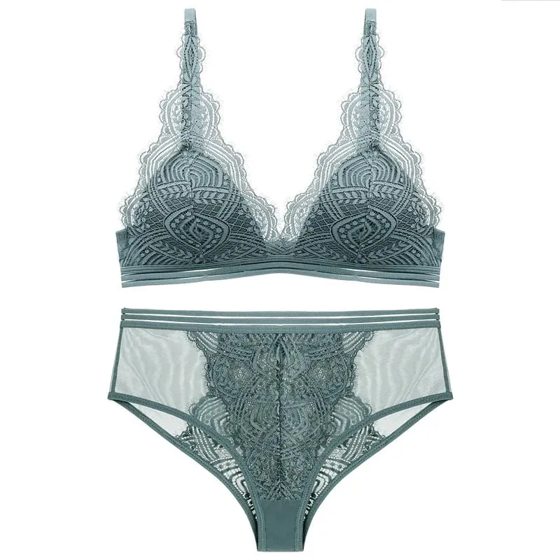 Conjunto de sujetador y bragas de copa triangular de encaje inalámbrico con forro fino, ropa interior Sexy para mujer, lencería francesa, sujetador para niñas, Bralette
