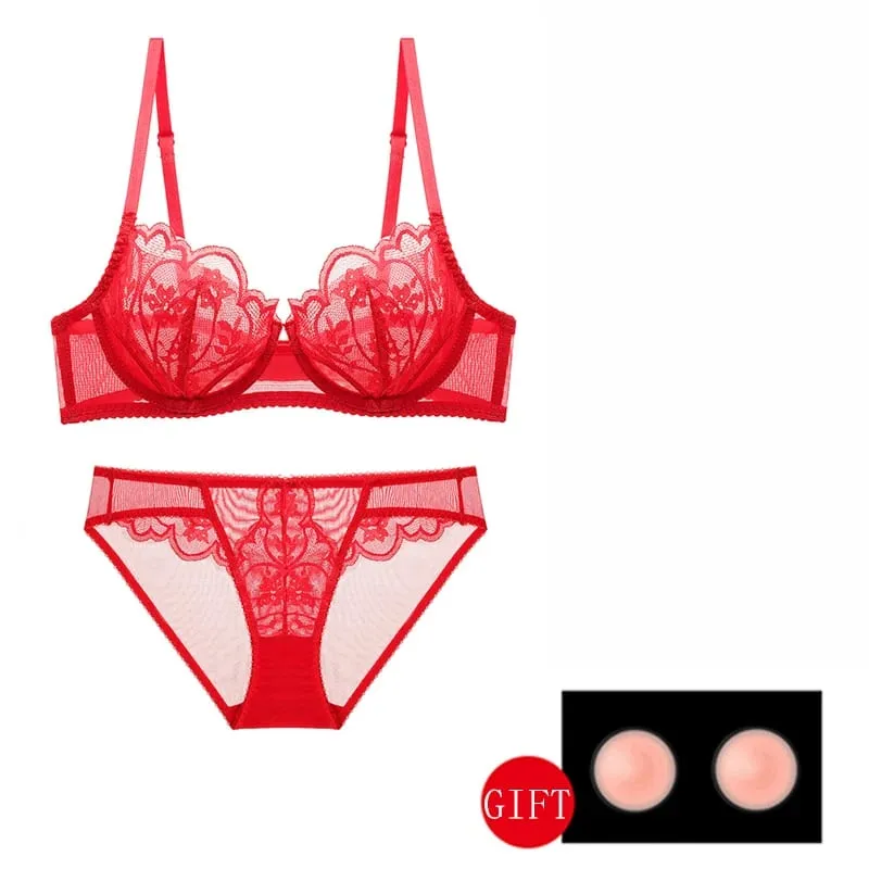 Weiße Spitze Transparent Sexy BH und Höschen Sets Plus Größe D E Cup Floral Mesh Damen Unterwäsche rote BHs Dessous Set für Damen — image 4