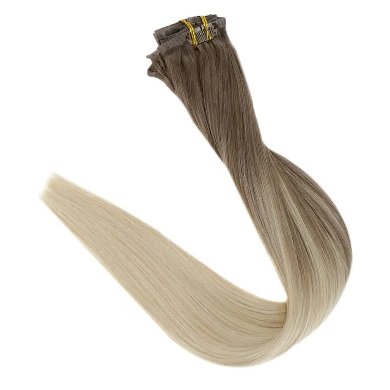 Full Shine Seamless Invisible Clip In Extensions Human Hair 8 τμχ 120g Remy Balayage Ξανθό Χρώμα — image 9