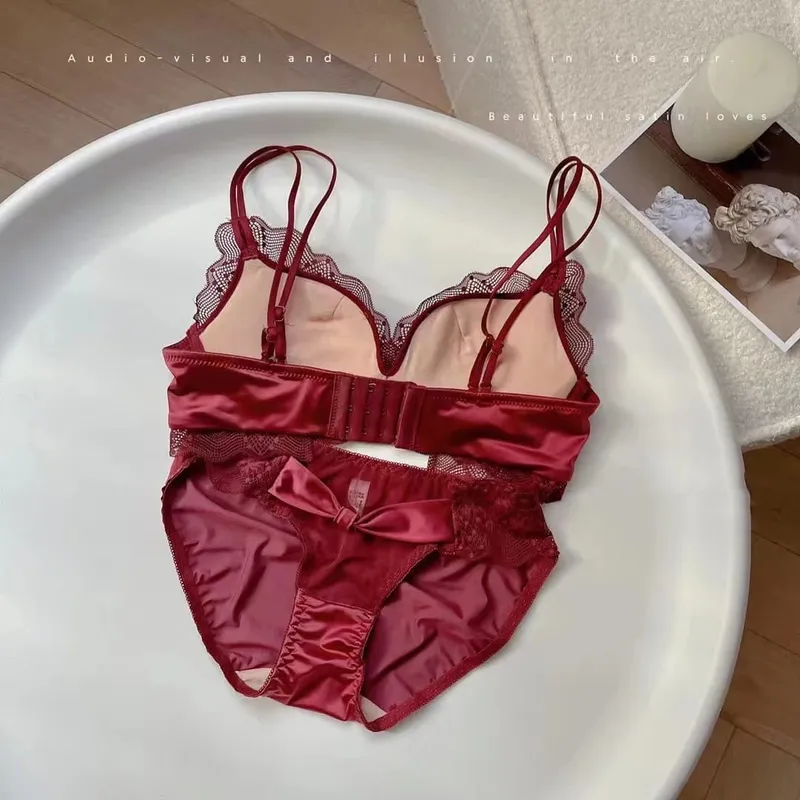 Sexy Lace Satin Latex Underwear Set Thin Cotton Breathable Comfortable Small Breasts Lingerie Suits Beautiful Intimates Back Bra — image 6