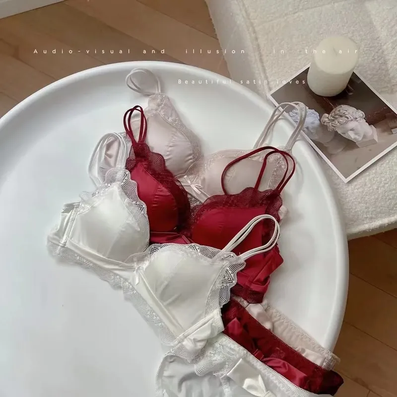 Sexy Lace Satin Latex Underwear Set Thin Cotton Breathable Comfortable Small Breasts Lingerie Suits Beautiful Intimates Back Bra — image 1