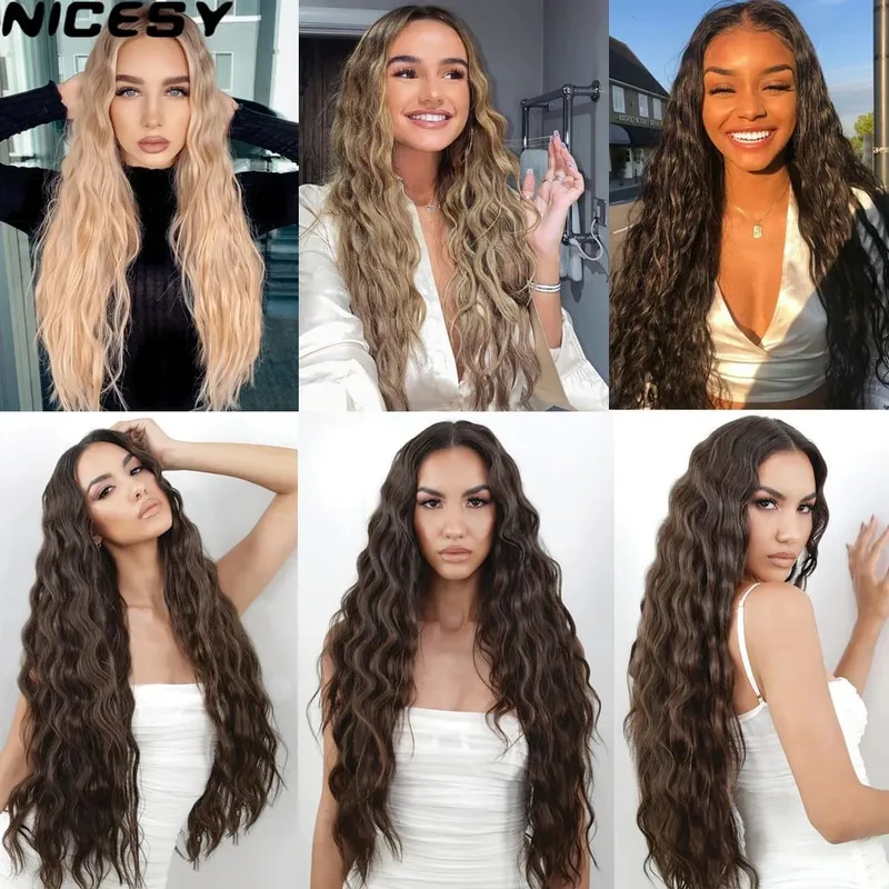 Synthetische 5 Clips lange Wasserwellen-Clip-in-Haarverlängerungen hitzebeständig 22 Zoll einteiliges schwarzbraunes Haarteil für Frauen — image 7