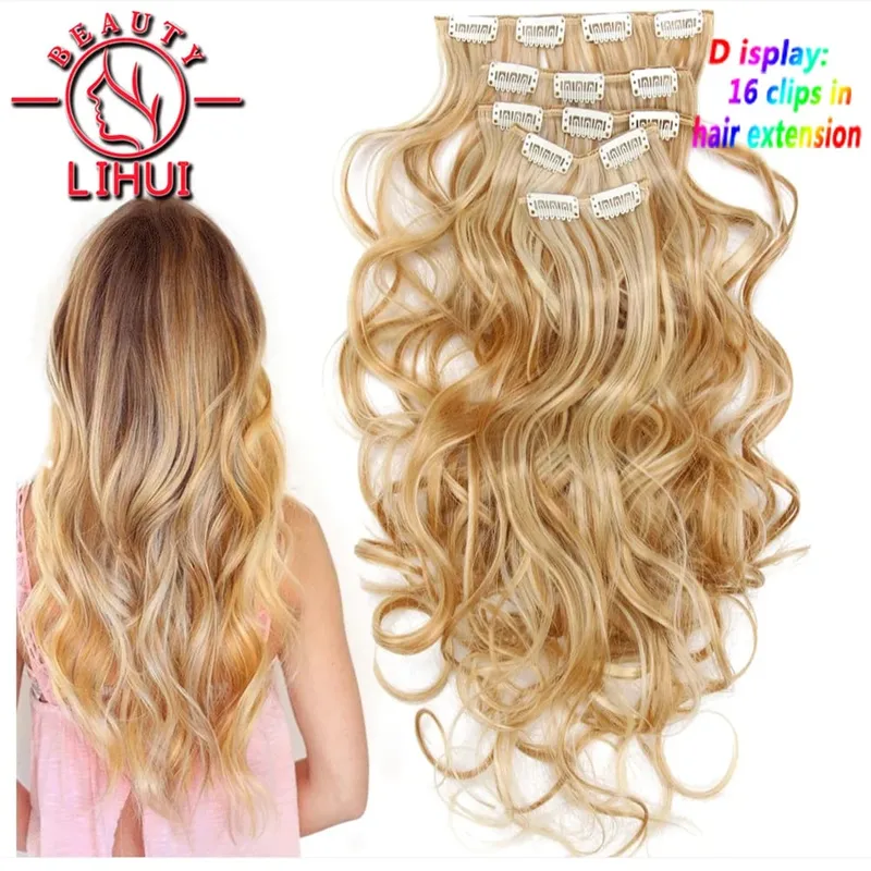 Long Wavy Hair Extensions Synthetic Clip In Hair Extensions Ombre Honey Blonde Dark Brown Thick Hairpieces 6pcs/set 20 Inch — image 3