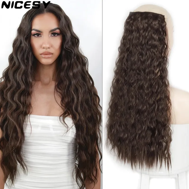 Synthetische 5 Clips lange Wasserwellen-Clip-in-Haarverlängerungen hitzebeständig 22 Zoll einteiliges schwarzbraunes Haarteil für Frauen — image 2