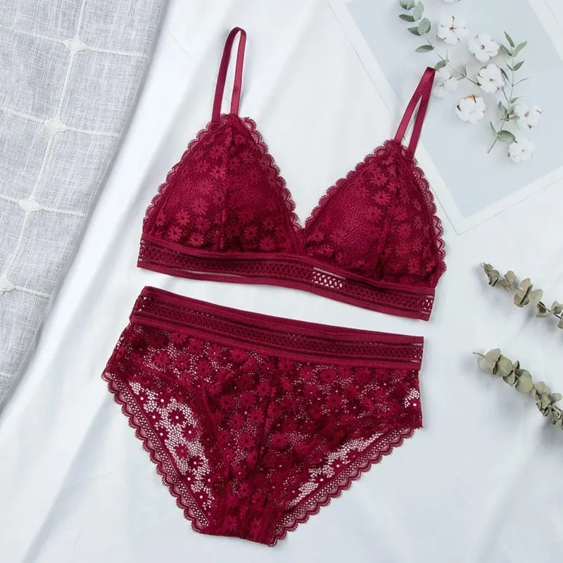 Women Floral Lace Bras Suit Solid Underwear Padded Breathable Vest With Briefs Sexy Hollow Out Bralette Thin Lingerie One Size — image 10