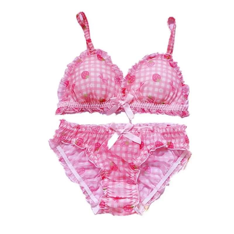 Conjunto de ropa interior y sujetadores japoneses bonitos, conjunto de lencería y sujetador con estampado de fresa Sexy de malla de flores a cuadros rosa para chica Lolita