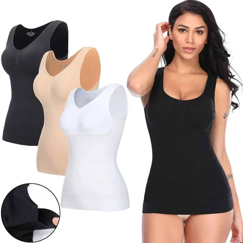 Top Tank untuk Wanita dengan Bra Rak Terbina dalam Bra Kasual Tali Lebar Asas Kamisol Tanpa Lengan Pembentuk Atas dengan Bra Boleh Tanggal — image 2