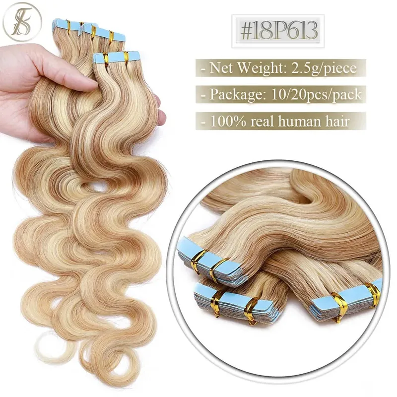 Tess Tape In Hair Extension 2.5g/pc Wavy Natural Hair Extensions Human Hair Adhesive Skin Weft Double Sides Seamless Invisible