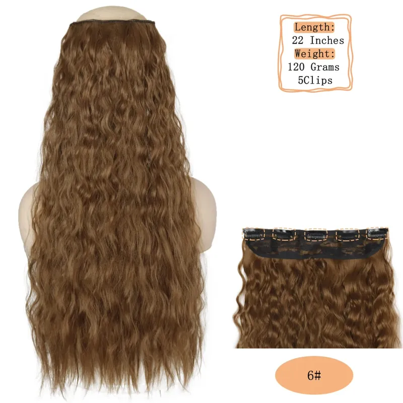 Synthetische 5 Clips lange Wasserwellen-Clip-in-Haarverlängerungen hitzebeständig 22 Zoll einteiliges schwarzbraunes Haarteil für Frauen — image 12