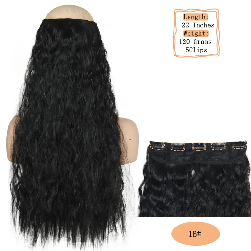 Synthetische 5 Clips lange Wasserwellen-Clip-in-Haarverlängerungen hitzebeständig 22 Zoll einteiliges schwarzbraunes Haarteil für Frauen — image 8