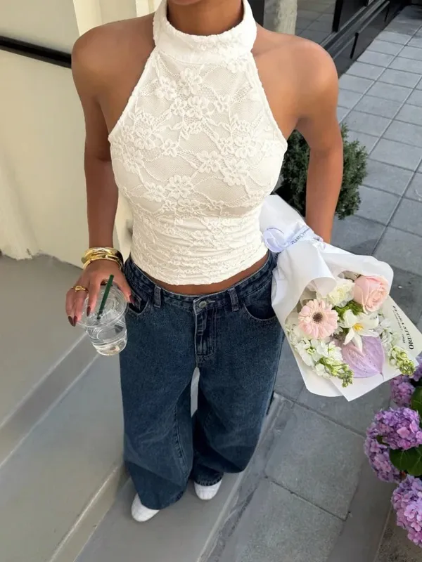 Women's Sexy White Lace High Neck Halter Back Button Backless Slim Fit Crop Top Casual Daily Vacation Summer 2026 — image 5