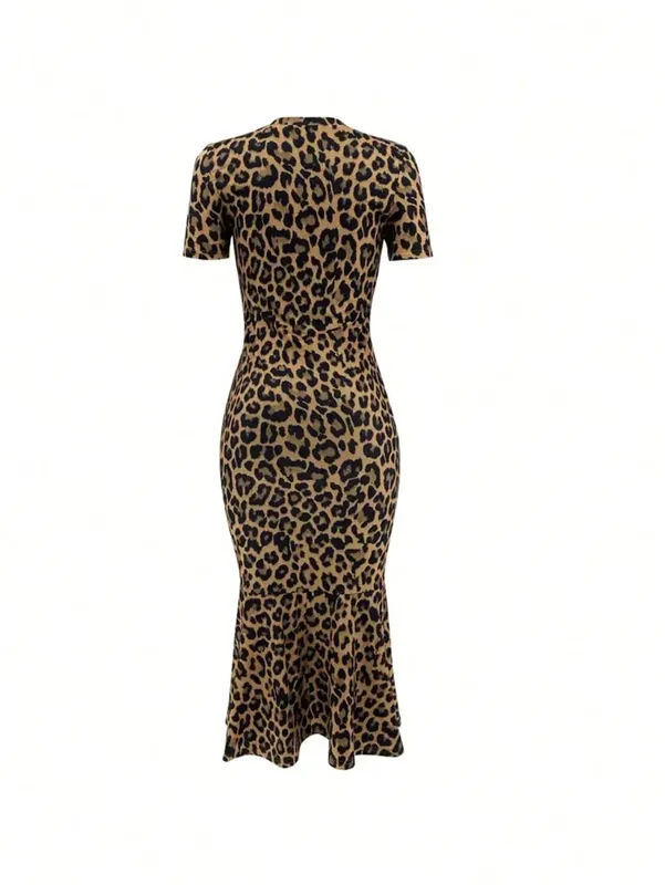 Spring Summer Fashion European Style Leopard Print round Neck Short Sleeve Fish Tail Hem Long Dress — image 2