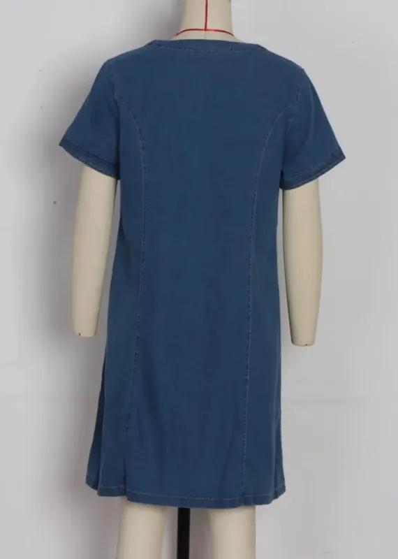 Denim Dress Women Streetwear Dresses V Neck Short Sleeves Pockets A Line Vintage Distressed Washed Summer Vestidos LYQ603122 — image 4